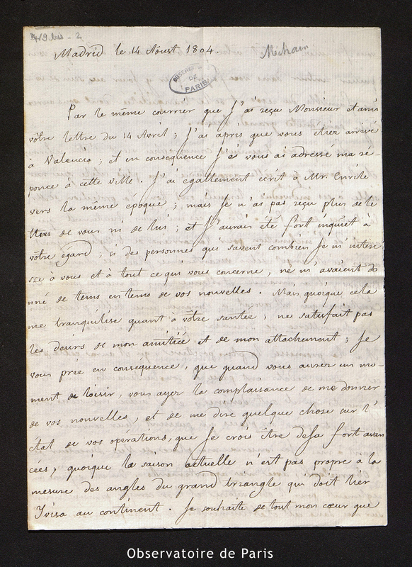 Lettre de Josef Chaix à Méchain, Madrid le 14 août 1804