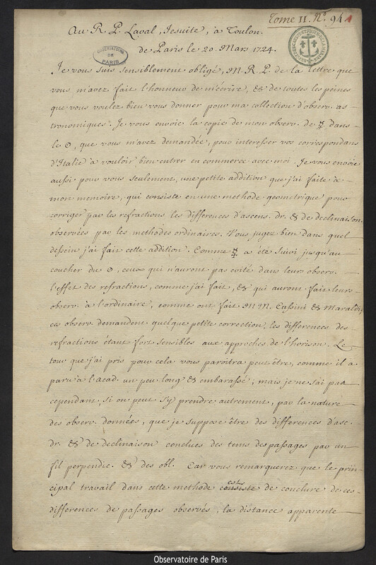 Lettre de Joseph-Nicolas Delisle à Antoine-François Laval, Paris, 20 mars 1724