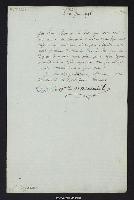 Lettre de Louis Le Tonnelier, baron de Breteuil, à Cassini IV, directeur de l'Observatoire, le 24 juin 1785