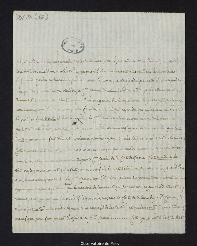 Note recopiée par Cassini IV, relative au 1er tirage du cuivre de la Carte réduite de la Lune