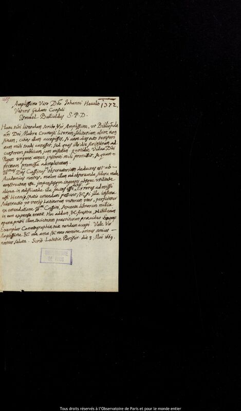 Lettre d'Ismaël Boulliau à Jan Heweliusz, Paris, 3 mai 1669