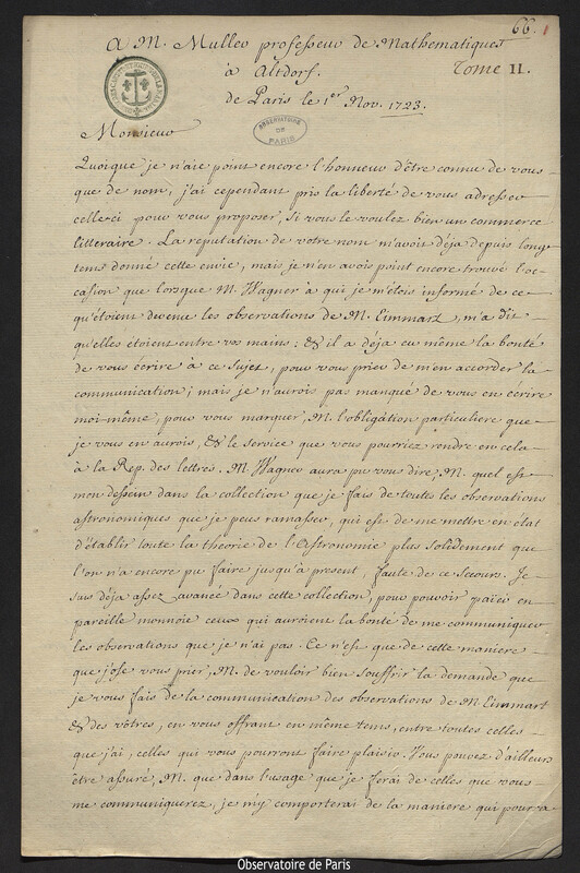 Lettre de Joseph-Nicolas Delisle à Johann Heinrich Müller, Paris, 1 novembre 1723