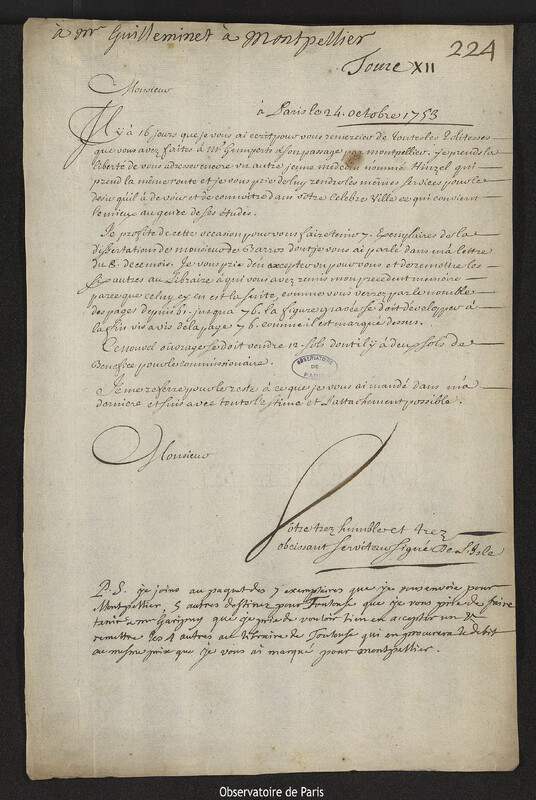 Lettre de Joseph-Nicolas Delisle à Pierre-François de Guilleminet, Paris, 24 octobre 1753