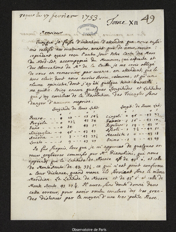 Lettre de Christopher Maire à Joseph-Nicolas Delisle, Rome, 3 janvier 1753