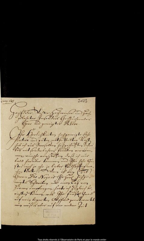 Lettre de Heinrich Kummerfeld à Jan Heweliusz, Varsovie, 25 mai 1685