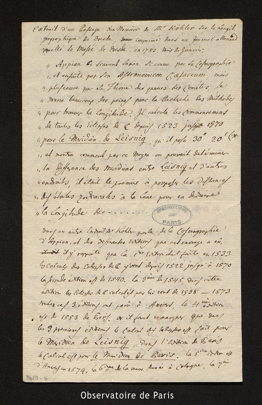 Extrait d'un passage du mémoire de M. Kohler sur la longitude géographique de Dresde imprimé dans un journal allemand appelé le Musée de Dresde en 1783, mois de janvier