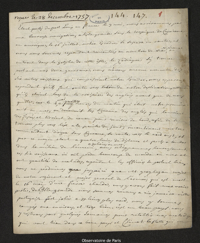 Lettre de James A. Grante à Joseph-Nicolas Delisle, Rio de Janeiro, 31 juillet 1757