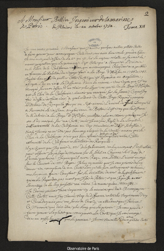 Lettre de Joseph-Nicolas Delisle à Jacques-Nicolas Bellin, Reims, 22 octobre 1752