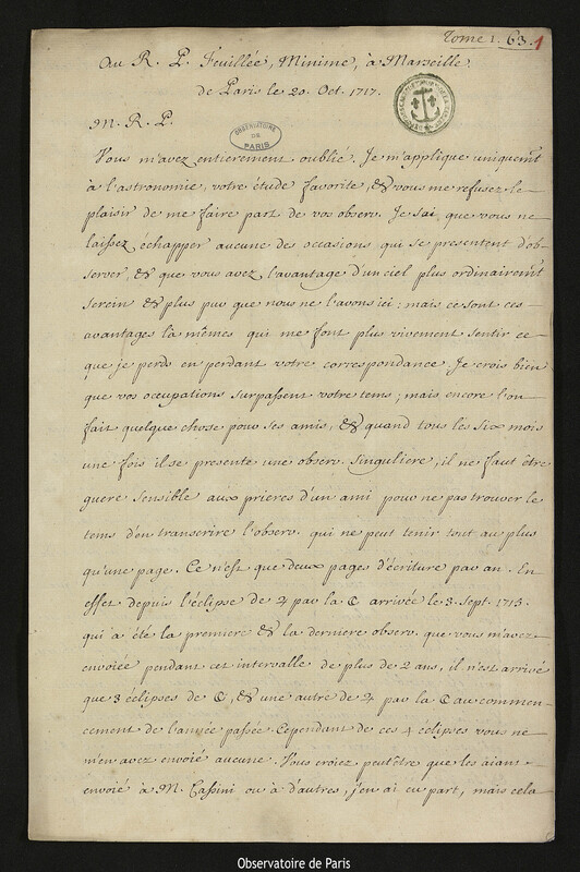 Lettre de Joseph-Nicolas Delisle à Louis Feuillée, Paris, 20 octobre 1717