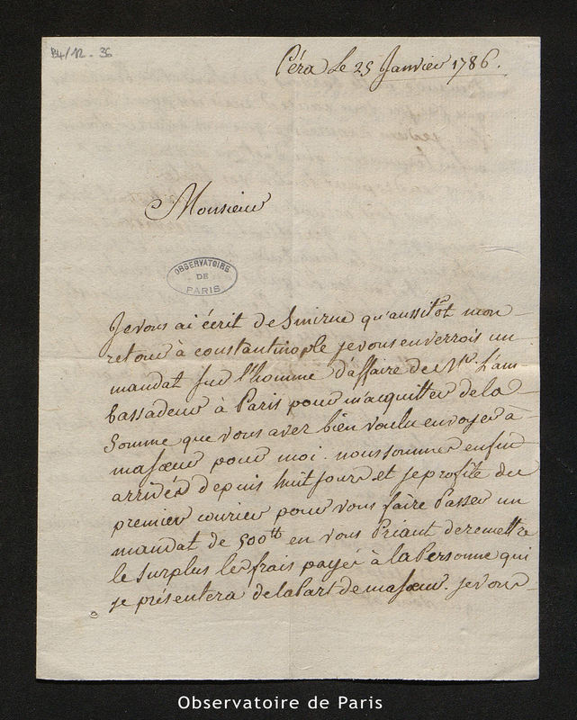 Lettre de Tondu à Cassini IV, Pera le 25 janvier 1786