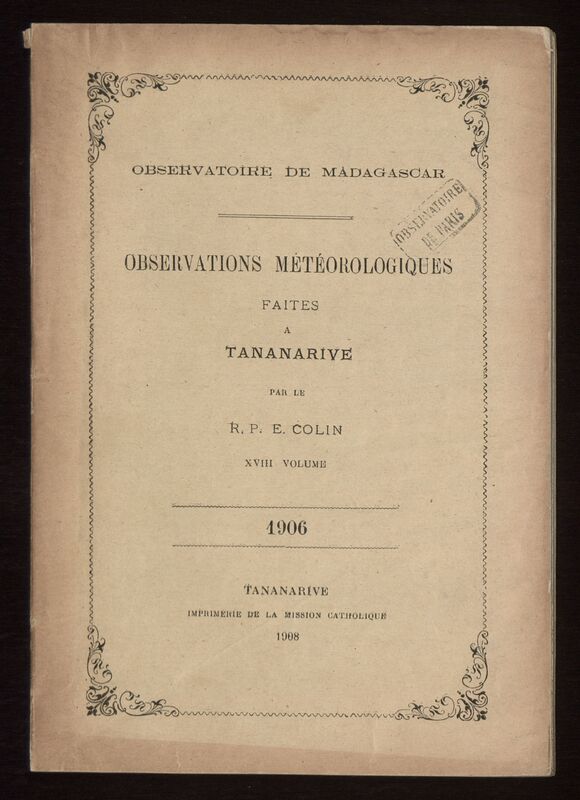 (1908_18) Observations météorologiques faites à Tananarive