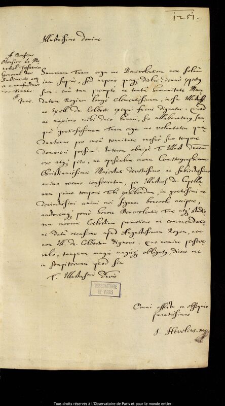 Lettre de Jan Heweliusz à Antoine-Gédéon Le Ménestrel de Hauguel, Gdansk, 18 mai 1668