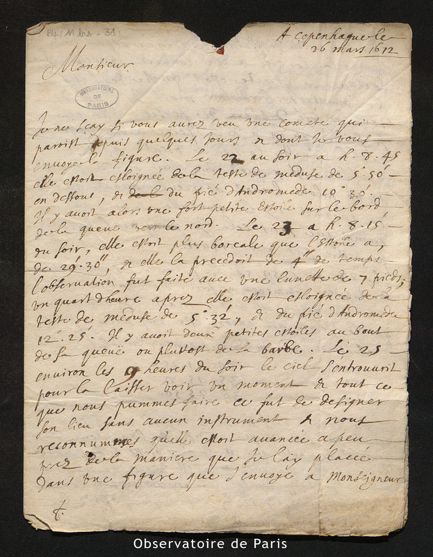 Lettre de Picard à Cassini I, Copenhague le 26 mars 1672