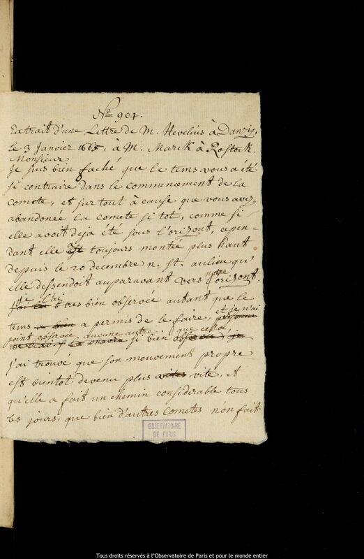 Texte manuscrit de Jan Heweliusz à Caspar March, Gdansk, 3 janvier 1665