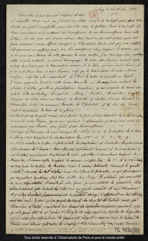 Lettre du baron Franz Xaver von Zach à Joseph Jérôme Le françois de Lalande Seeberg, 26 novembre 1801