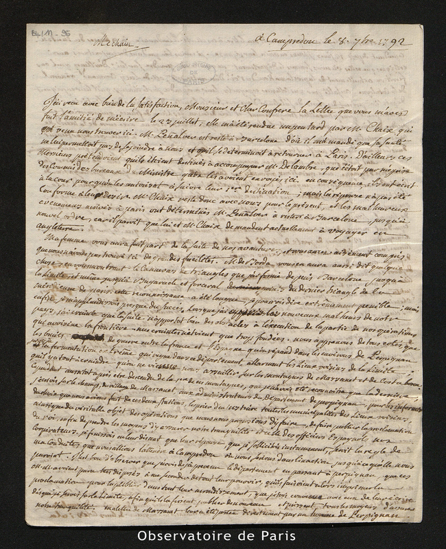 Lettre de Méchain à Cassini IV, Campredon le 8 septembre 1792