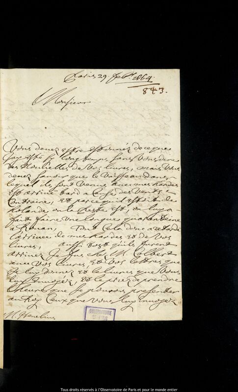 Lettre de Pierre Des Noyers à Jan Heweliusz, Paris, 29 février 1664