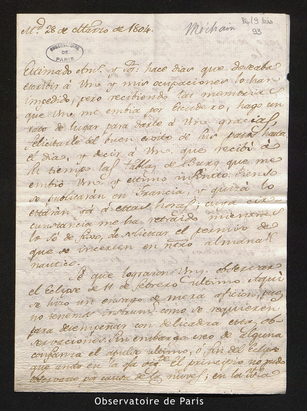 Lettre de José de Espinosa à Pasqual Enrile y Alcedo, Madrid le 28 mars 1804