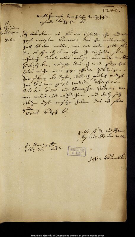 Lettre de Jan Heweliusz à Christian Grüneberg, Gdansk, octobre 1667