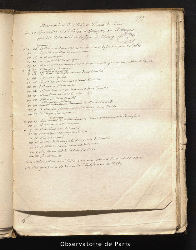 Observations de l'éclipse totale de Lune du 20 septembre 1736 faite à Guingamp en Bretagne par Mrs. Maraldi et Cassini de Thury