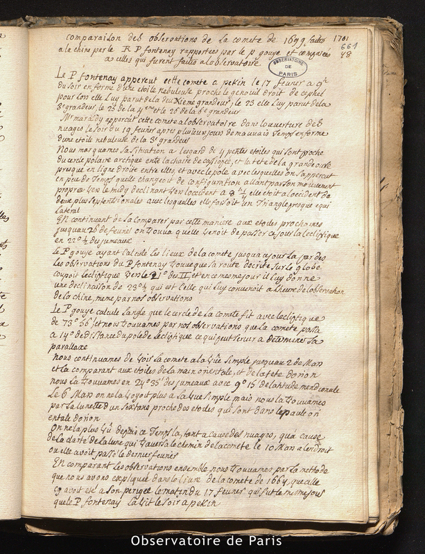 CASSINI I et MARALDI I. Comparaison des observations de la comète de 1699 faites à la Chine par le R.P. Fontaney rapportées par le P. Gouyé et comparées à celles qui furent faites à l'Observatoire