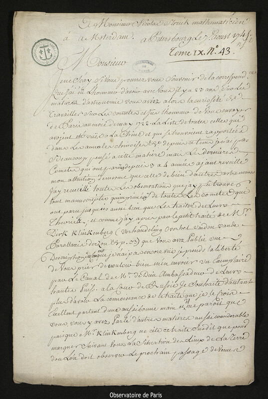 Lettre de Joseph-Nicolas Delisle à Nicolaas Struyck, Saint-Pétersbourg, 7 août 1745