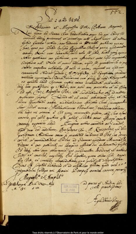 Lettre d'Aegidius Strauch à Jan Heweliusz, Wittenberg, 6 mai 1659