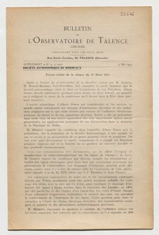 (1934) Bulletin de l'Observatoire de Talence, 3e série