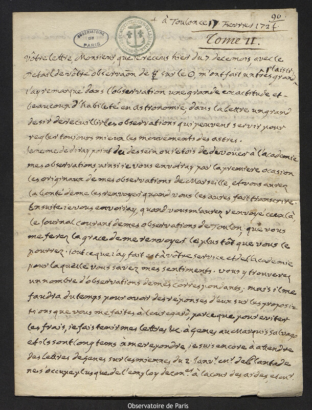 Lettre de Antoine-François Laval à Joseph-Nicolas Delisle, Toulon, 17 février 1724