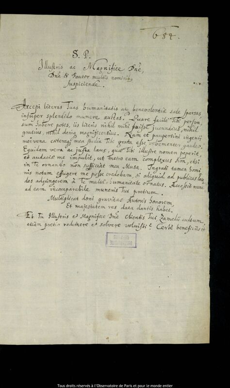 Lettre de Gottfried Zamel à Jan Heweliusz, Elblag, 1661