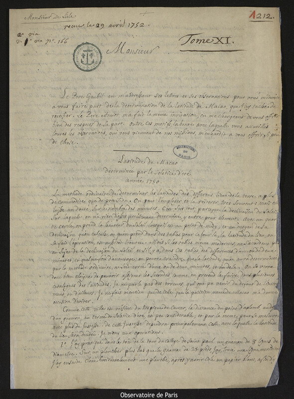 Lettre de Gaspar Jean Chanseaume à Joseph-Nicolas Delisle, Macao, 20 décembre 1750