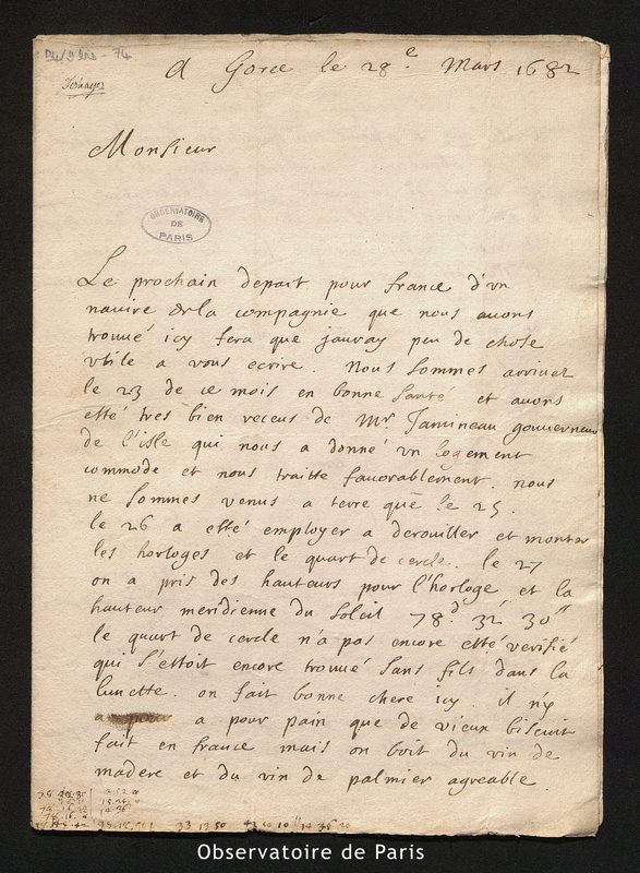 Lettre de Deshayes, Gorée le 28 mars 1682