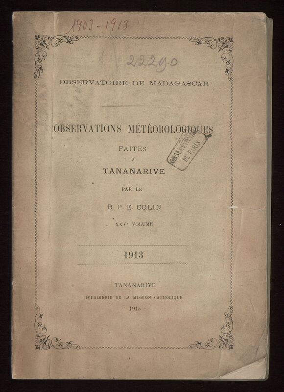 (1915) Observations météorologiques faites à Tananarive