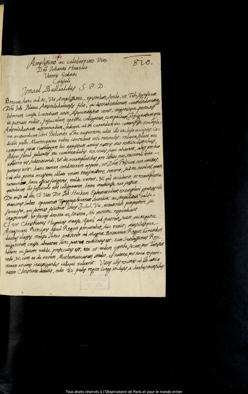 Lettre d'Ismaël Boulliau à Jan Heweliusz, Paris, 6 juin 1663