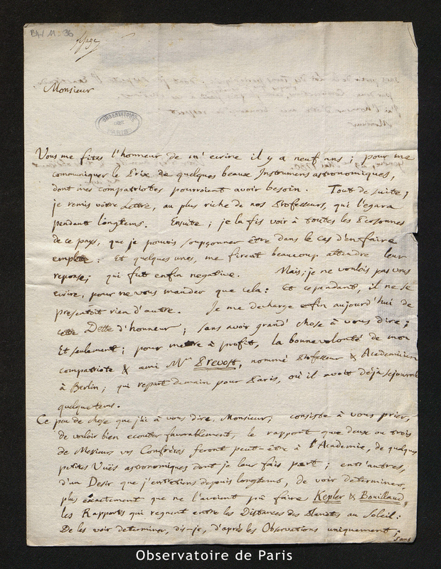 Lettre de Le Sage à Cassini III, Genève le 29 mai 1780