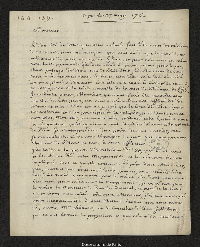 Lettre de Pierre-Louis Le Roy à Joseph-Nicolas Delisle, Genève, 22 mai 1760