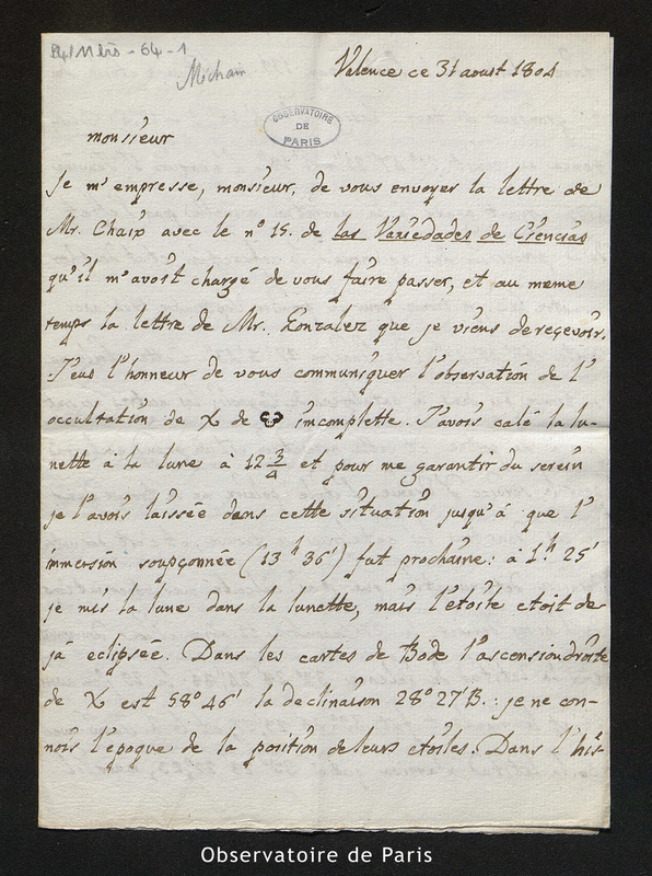 Lettre du Baron de la Puebla Tornesa à Méchain, Valence le 31 août 1804