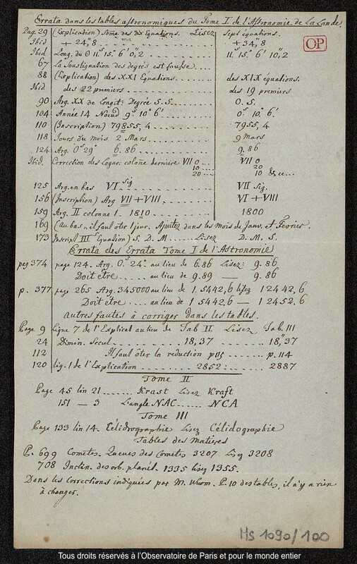 Liste des errata dans les tables astronomiques du Tome 1 de l'Astronomie de Lalande