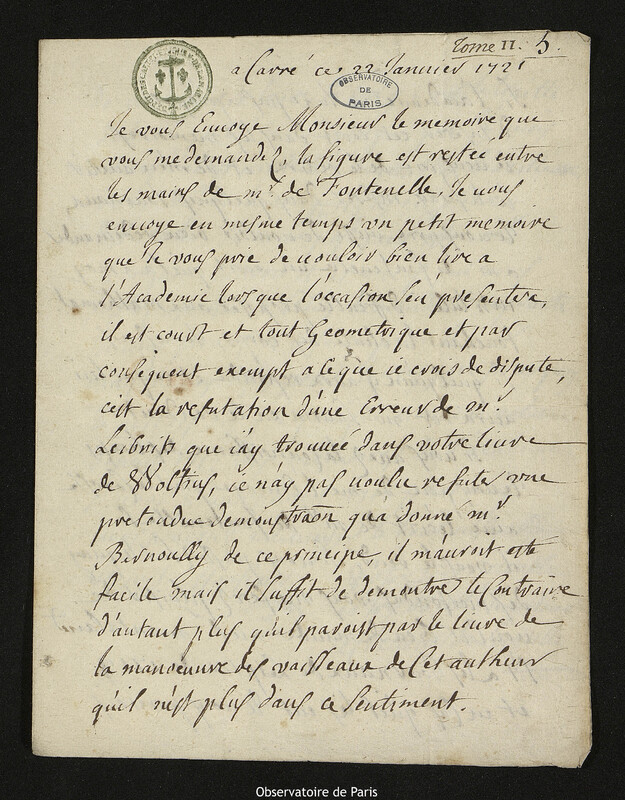 Lettre de Jacques d'Allonville de Louville à Joseph-Nicolas Delisle, Lieu-dit Le Clos du Petit Carré, 22 janvier 1721