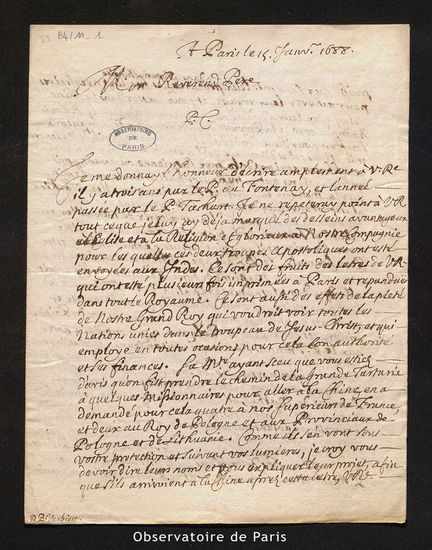 Lettre de Lachaize (le père) à Verbiest (le père), Paris le 15 janvier 1688