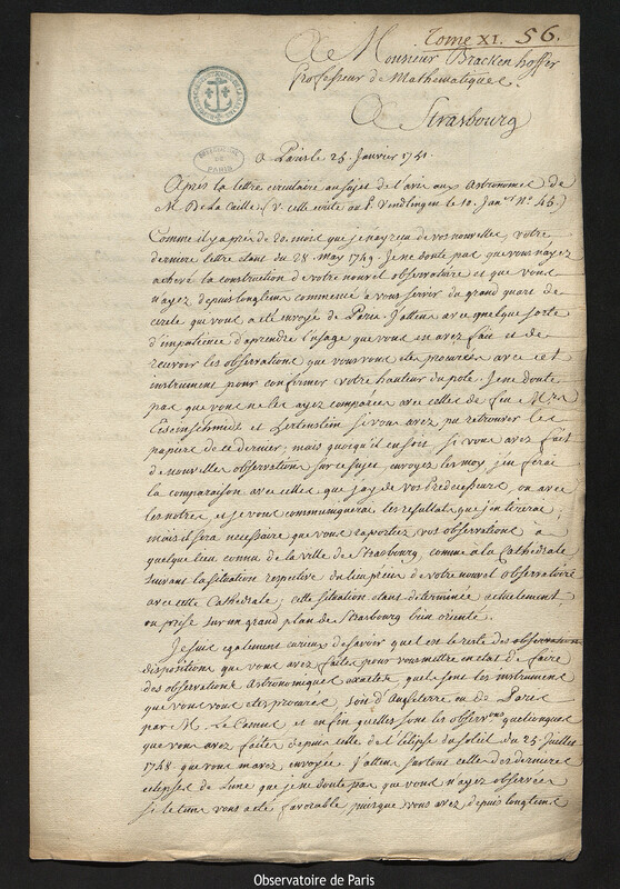 Lettre de Joseph-Nicolas Delisle à Jean Jérémie Brackenhoffer, Paris, 25 janvier 1751