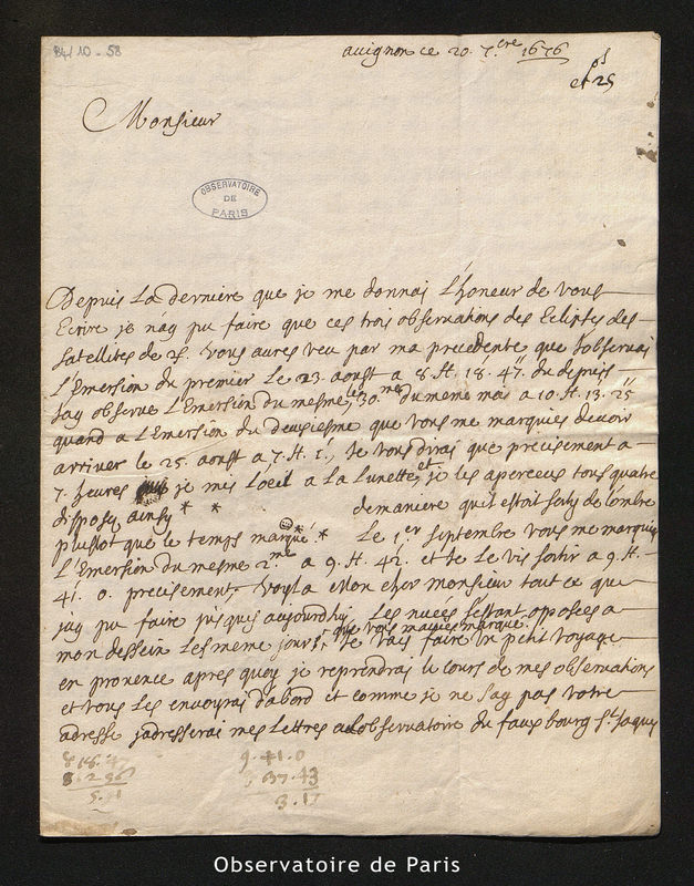 Lettre de Gallet à Cassini I, Avignon le 20 septembre 1676