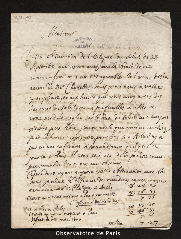 Lettre de Cassini I à Advizard, Paris le 22 octobre 1699