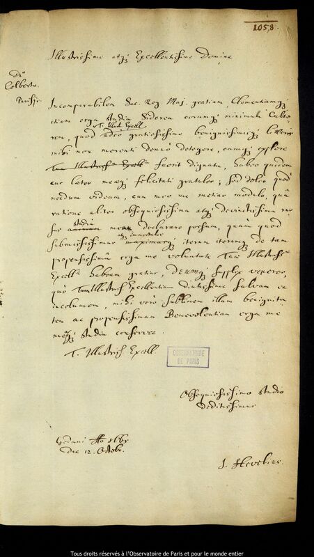 Lettre de Jan Heweliusz à Jean Baptiste Colbert, Gdansk, 12 octobre 1665