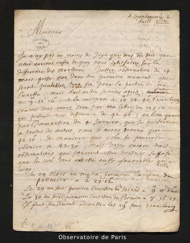 Lettre de Picard à Cassini I, Copenhague le 2 avril 1672