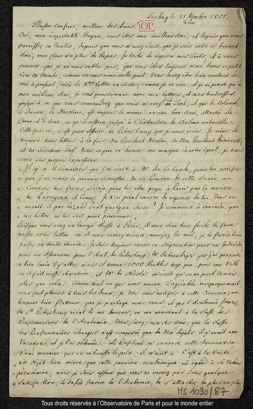 Lettre du baron Franz Xaver von Zach à Joseph Jérôme Le françois de Lalande Seeberg, 21 novembre 1801