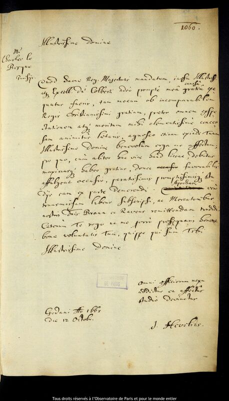 Lettre de Jan Heweliusz à Charles le Besgue, Gdansk, 12 octobre 1665