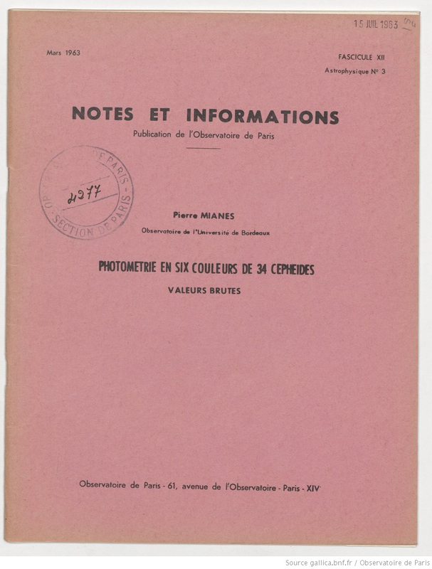 (1963) Notes et informations… Photométrie en 6 couleurs de 34 céphéides, valeurs brutes / Pierre Mianes