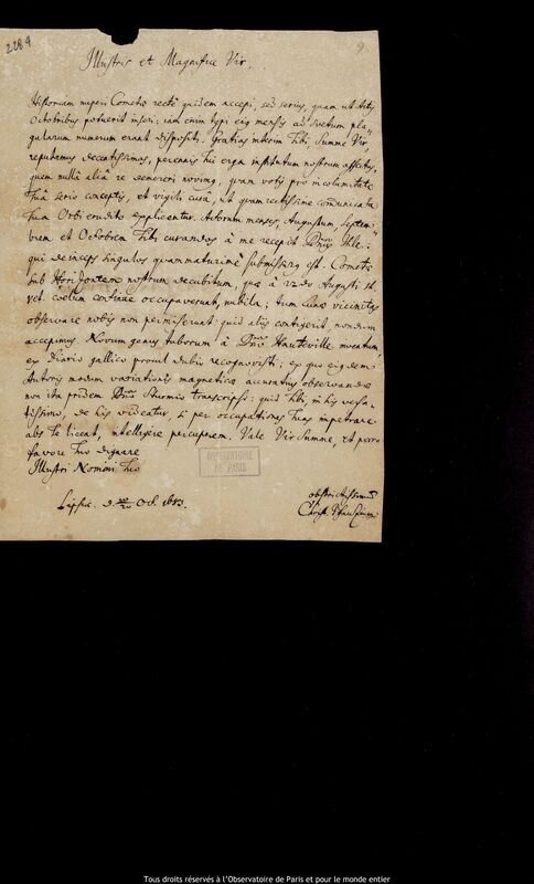 Lettre de Christoph Pfautz à Jan Heweliusz, Leipzig, 10 octobre 1683