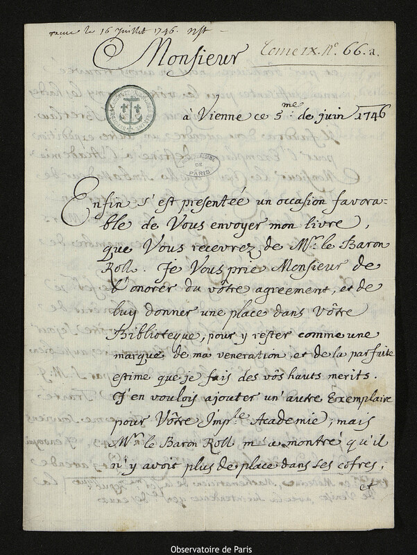 Lettre de Giovanni Giacomo Marinoni à Joseph-Nicolas Delisle, Vienne, 5 juin 1746